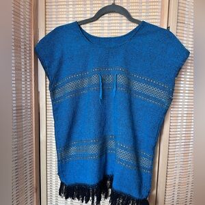 Tradicional Mexican Woven Blouse Boho with fringe Blue with Golden Accents M